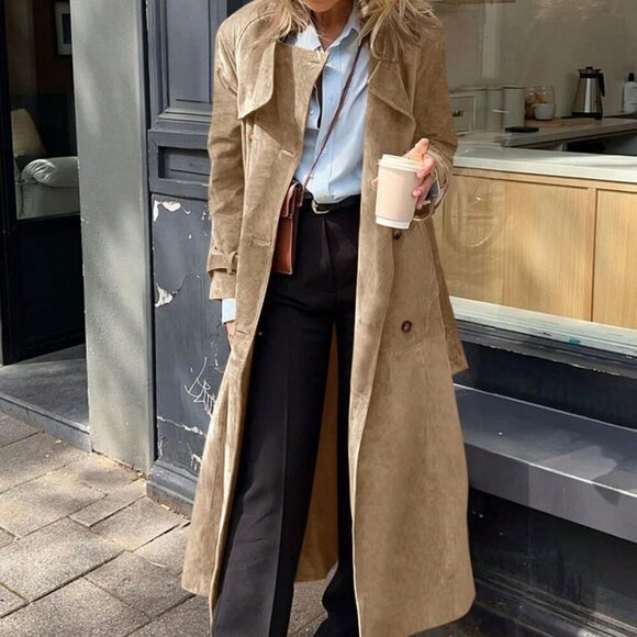 Jackets & Blazers - Khaki Elegant Women's Long Faux Suede Double Breasted Trench Coat with Belt